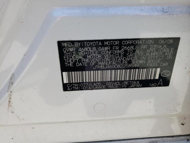 2008 Lexus Es 350 VIN: JTHBJ46G082258549 Lot: 55503084