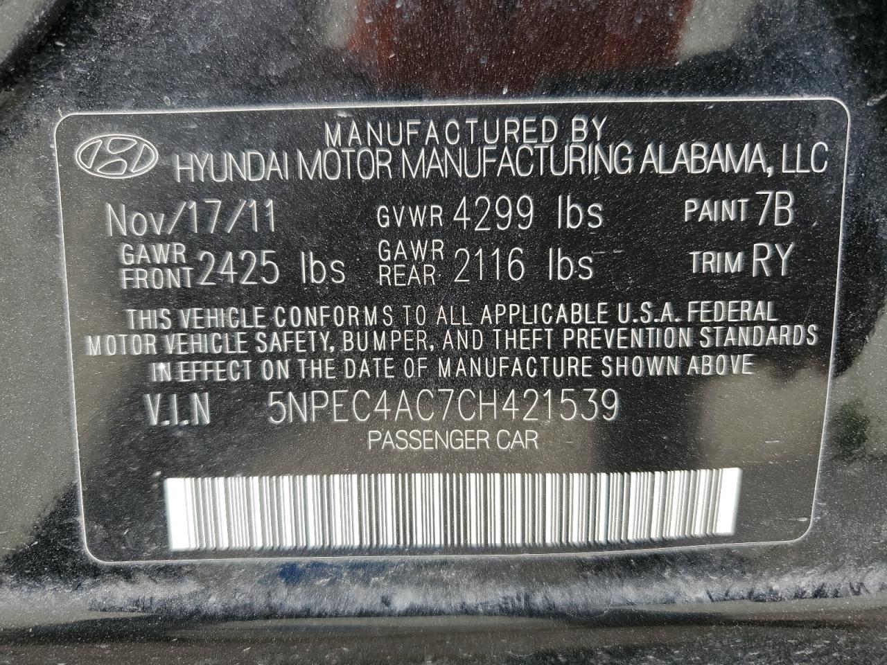 5NPEC4AC7CH421539 2012 Hyundai Sonata Se