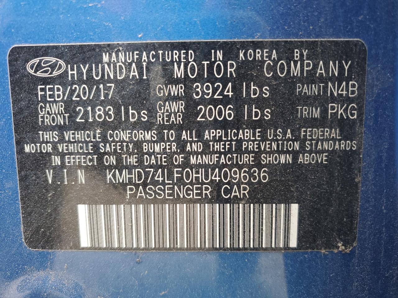 KMHD74LF0HU409636 2017 Hyundai Elantra Se