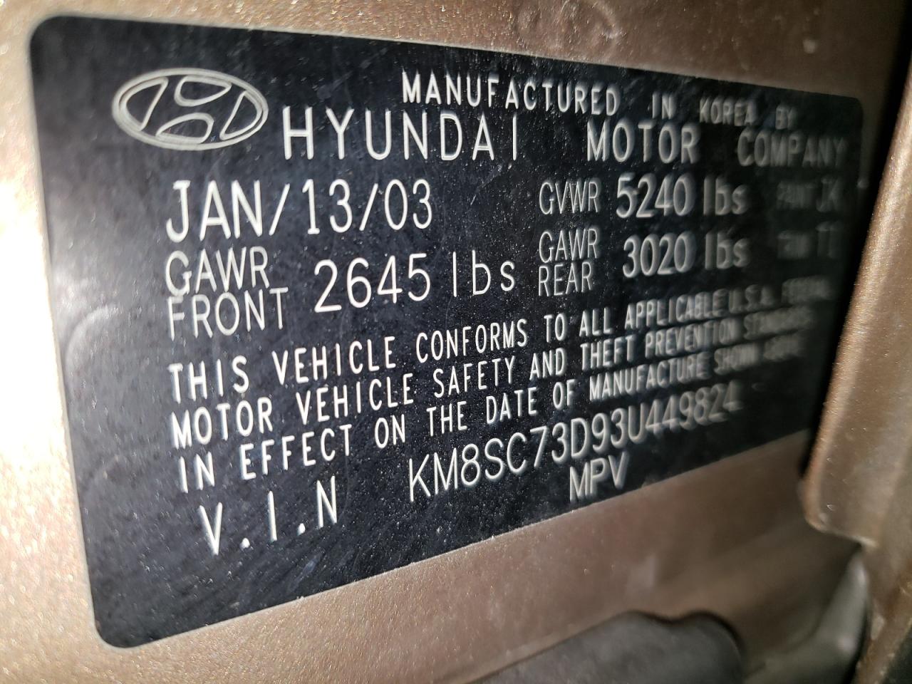 KM8SC73D93U449824 2003 Hyundai Santa Fe Gls