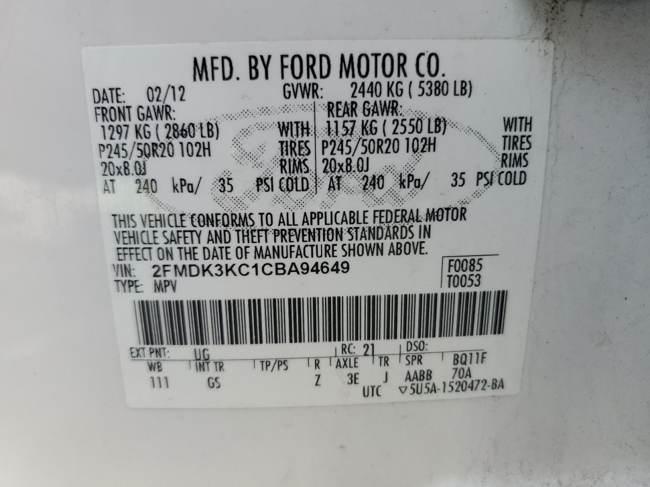 2FMDK3KC1CBA94649 2012 Ford Edge Limited