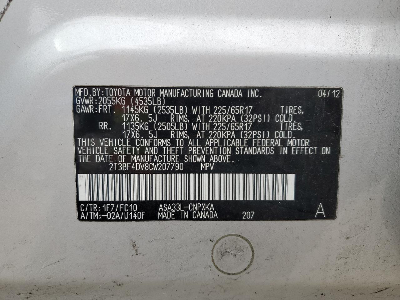 2T3BF4DV8CW207790 2012 Toyota Rav4