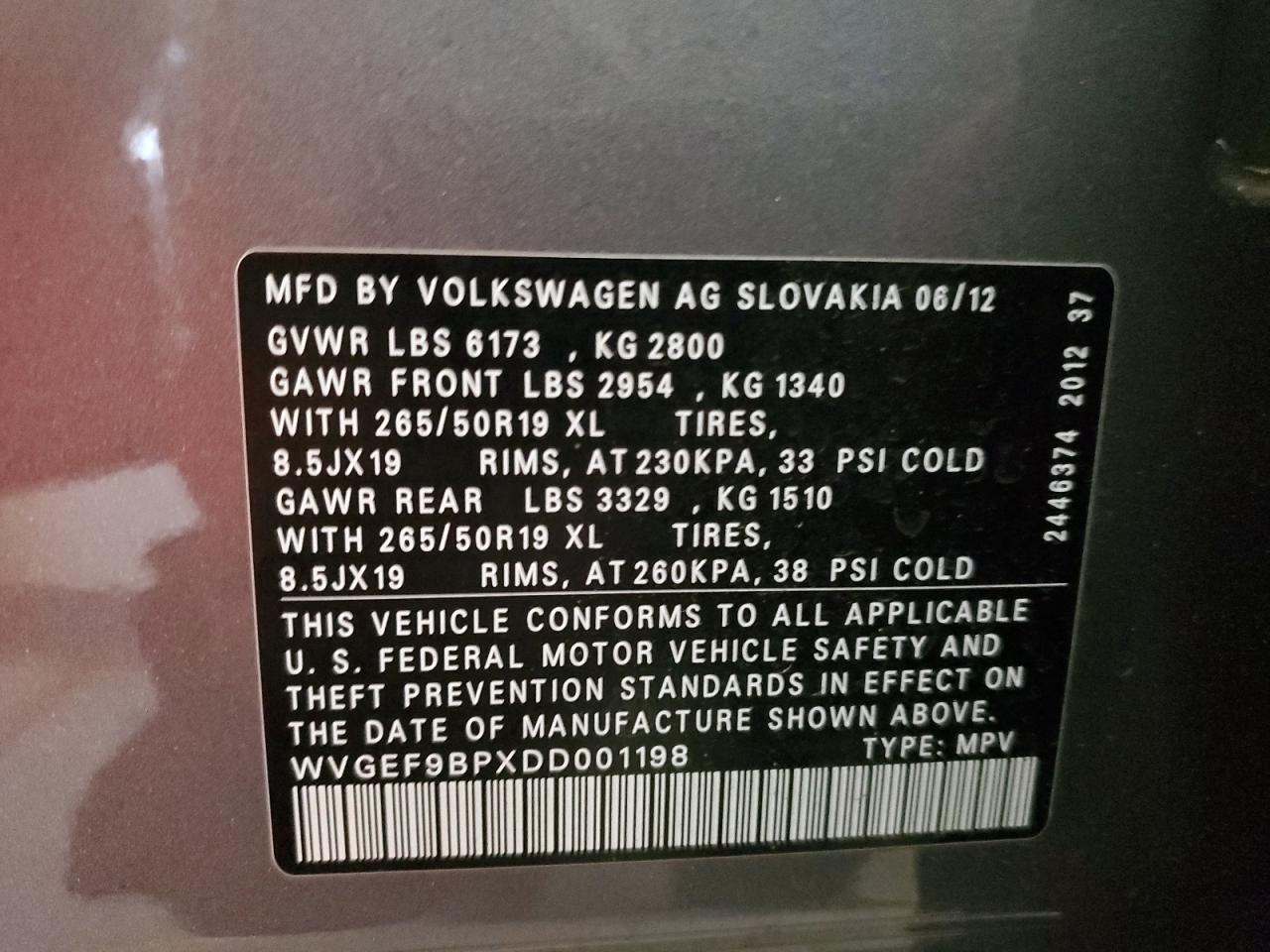 WVGEF9BPXDD001198 2013 Volkswagen Touareg V6