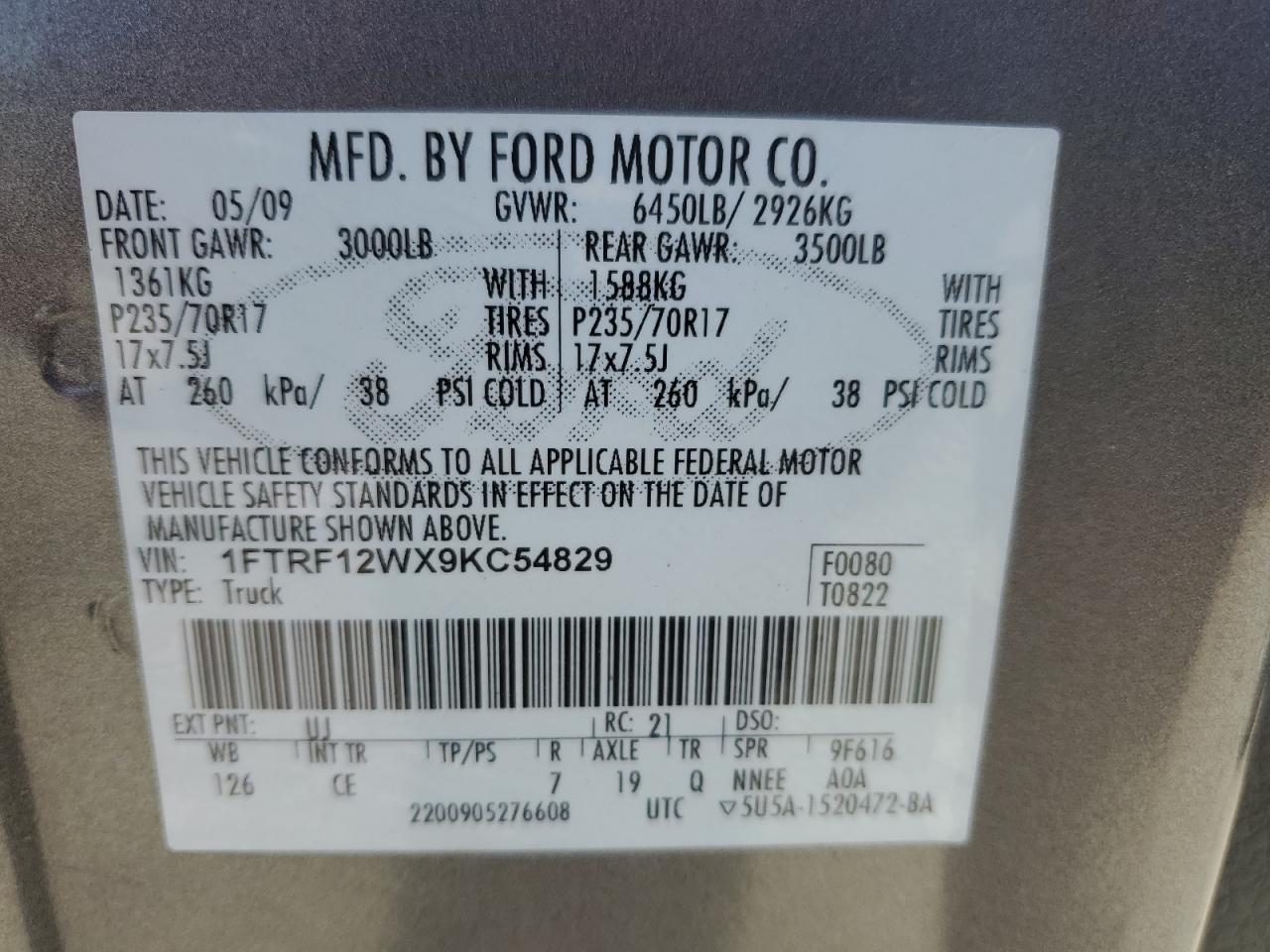 1FTRF12WX9KC54829 2009 Ford F150