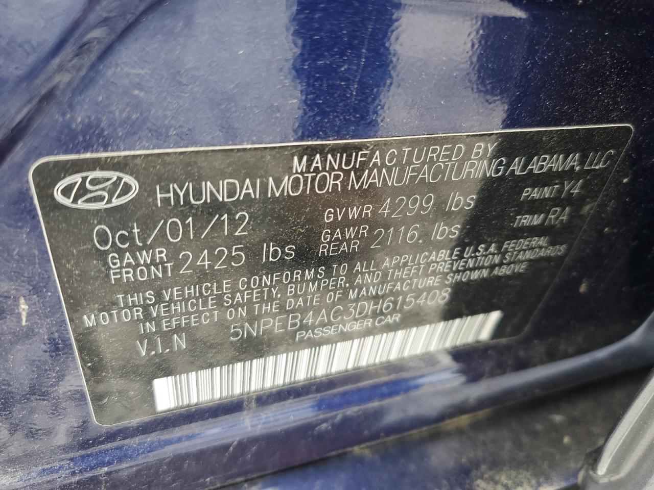 5NPEB4AC3DH615408 2013 Hyundai Sonata Gls