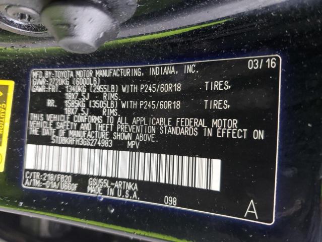 2016 Toyota Highlander Le VIN: 5TDBKRFH3GS274983 Lot: 53313284