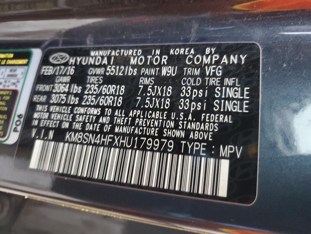 KM8SN4HFXHU179979 2017 Hyundai Santa Fe Se