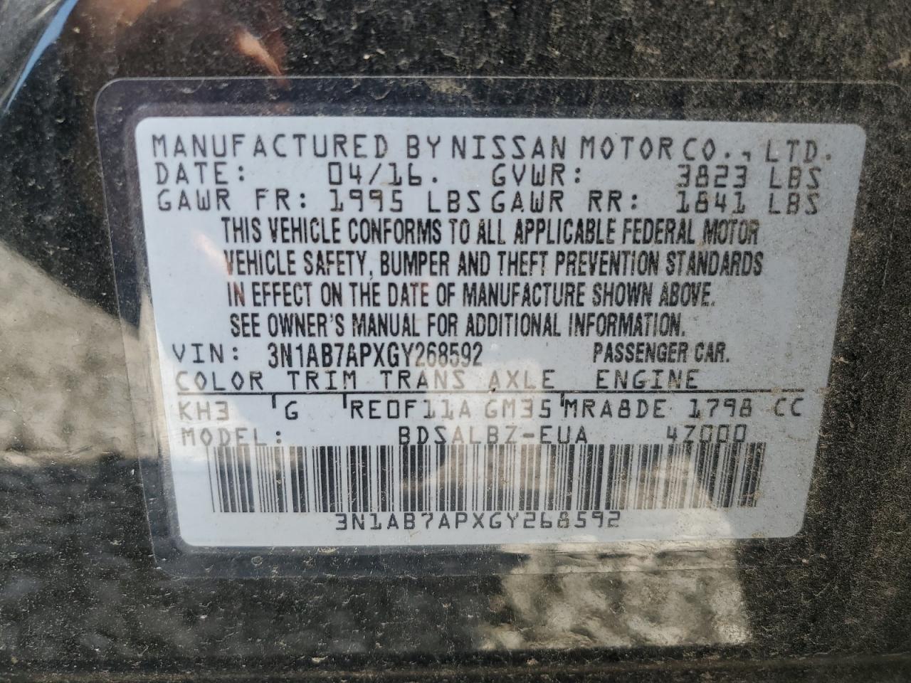 3N1AB7APXGY268592 2016 Nissan Sentra S