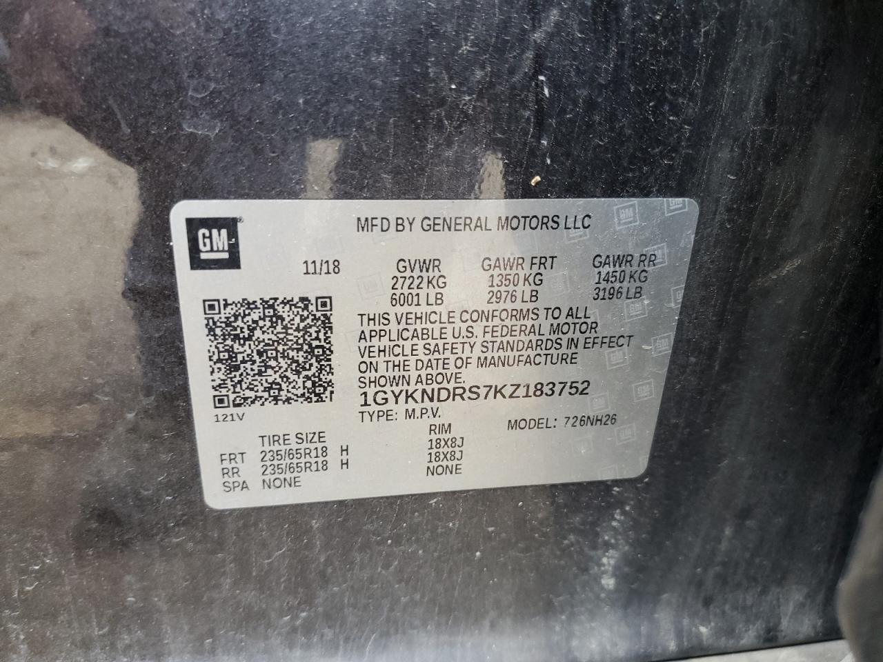 1GYKNDRS7KZ183752 2019 Cadillac Xt5 Luxury