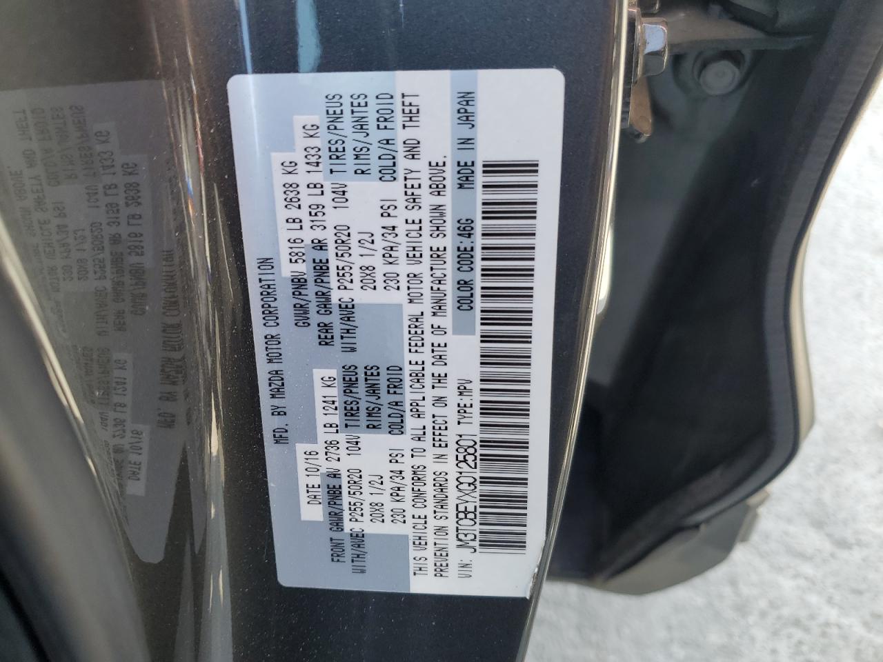 JM3TCBEYXG0125801 2016 Mazda Cx-9 Signature