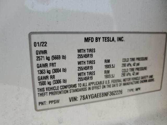 2022 Tesla Model Y VIN: 7SAYGAEE8NF362226 Lot: 56391704