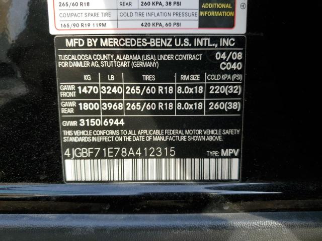 4JGBF71E78A412315 2008 Mercedes-Benz Gl 450 4Matic