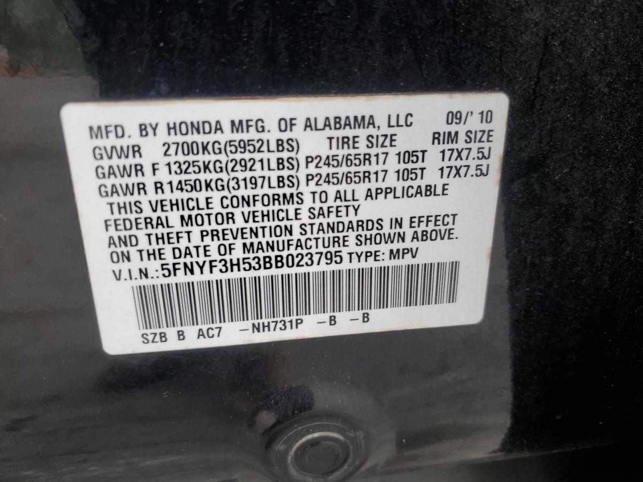 5FNYF3H53BB023795 2011 Honda Pilot Exl