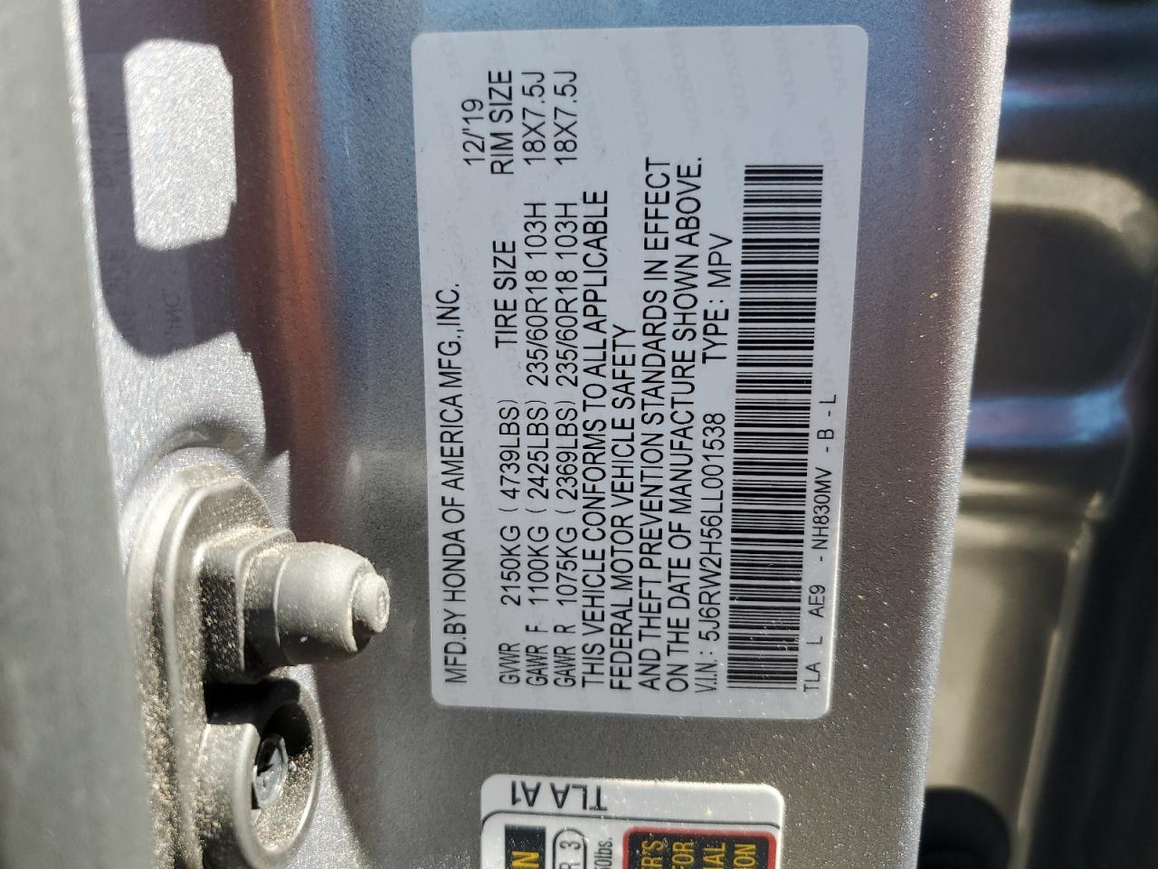 5J6RW2H56LL001538 2020 Honda Cr-V Ex