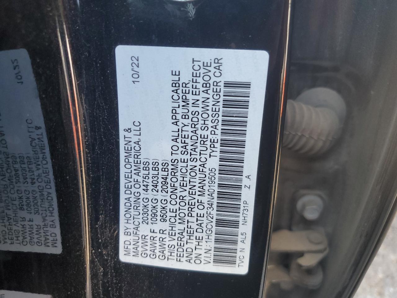 1HGCV2F34NA019505 2022 Honda Accord Sport