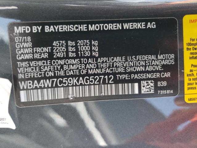 2019 BMW 440I VIN: WBA4W7C59KAG52712 Lot: 55096154