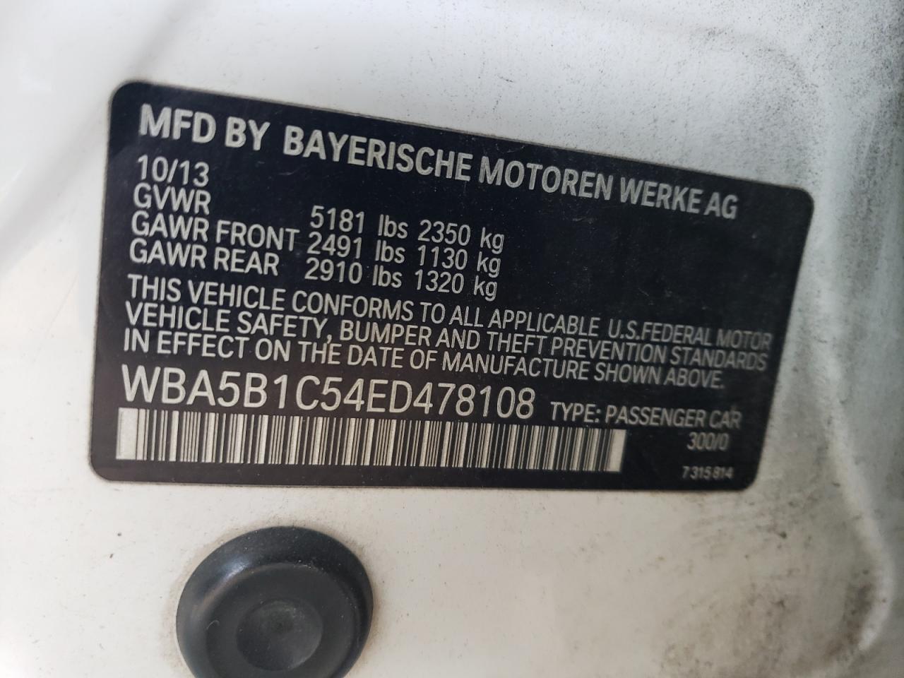 WBA5B1C54ED478108 2014 BMW 535 I