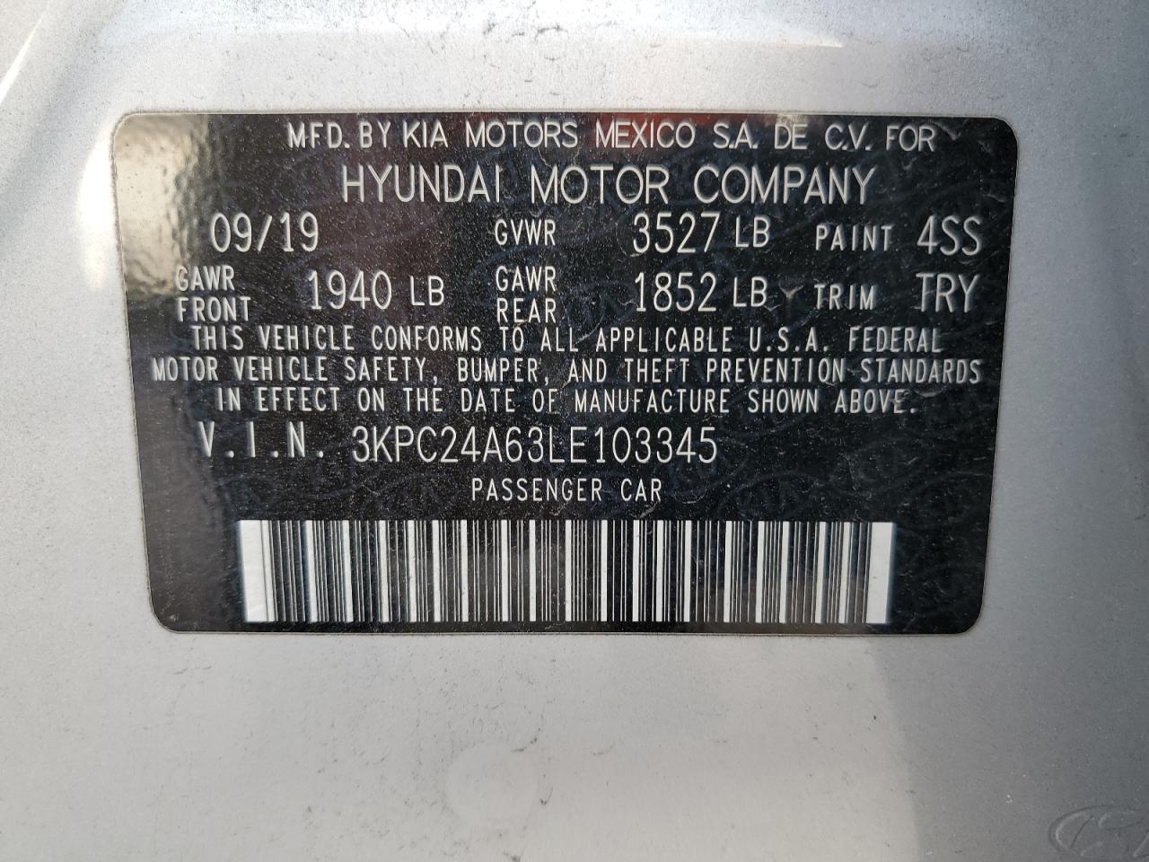 3KPC24A63LE103345 2020 Hyundai Accent Se