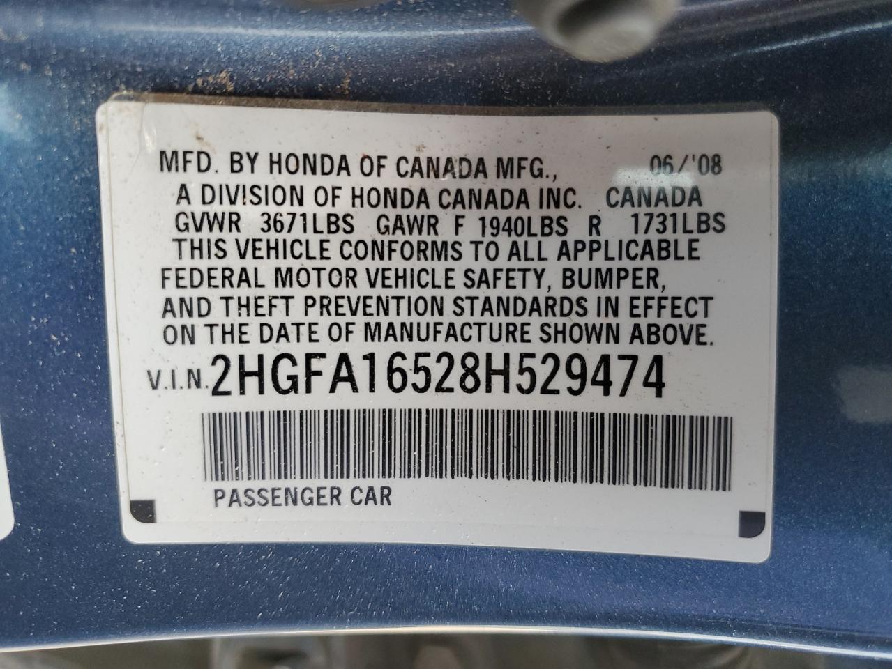 2HGFA16528H529474 2008 Honda Civic Lx