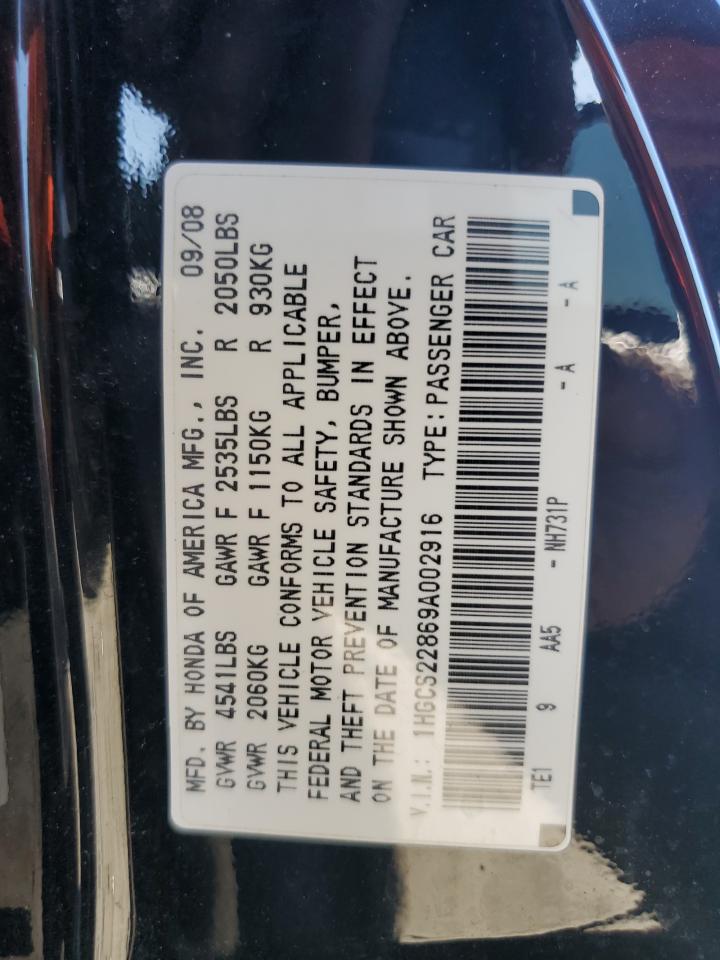 1HGCS22869A002916 2009 Honda Accord Exl