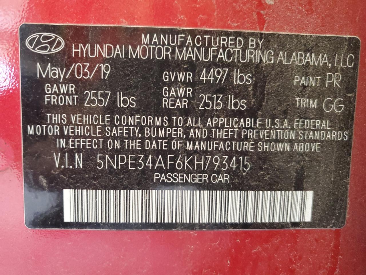 5NPE34AF6KH793415 2019 Hyundai Sonata Limited