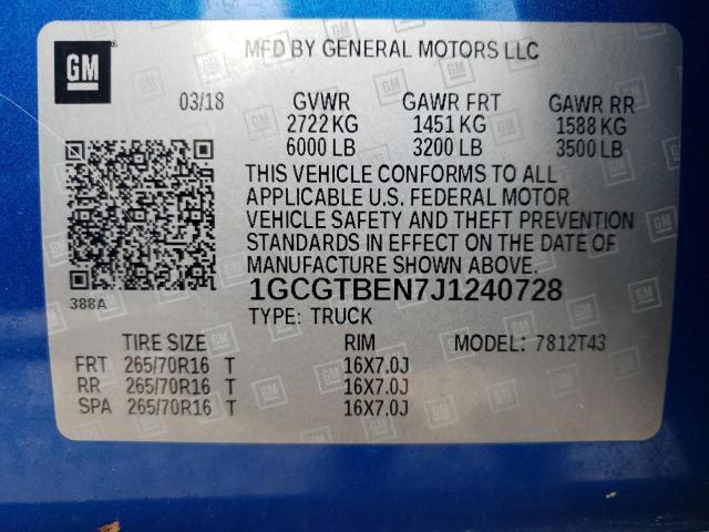 2018 Chevrolet Colorado VIN: 1GCGTBEN7J1240728 Lot: 57108894