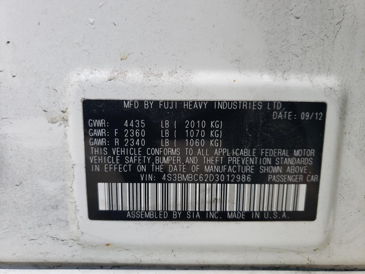 4S3BMBC62D3012986 2013 Subaru Legacy 2.5I Premium