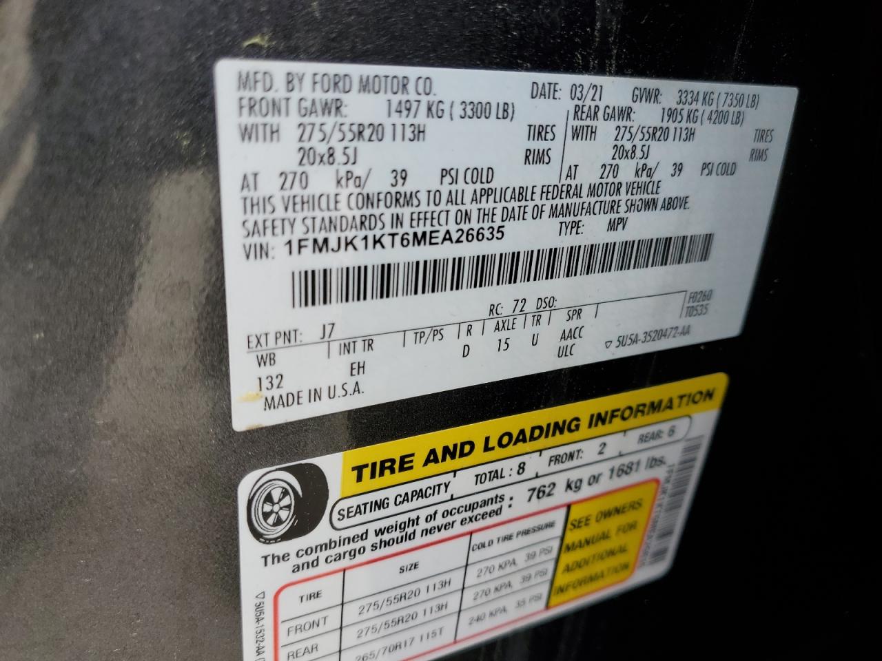 1FMJK1KT6MEA26635 2021 Ford Expedition Max Limited