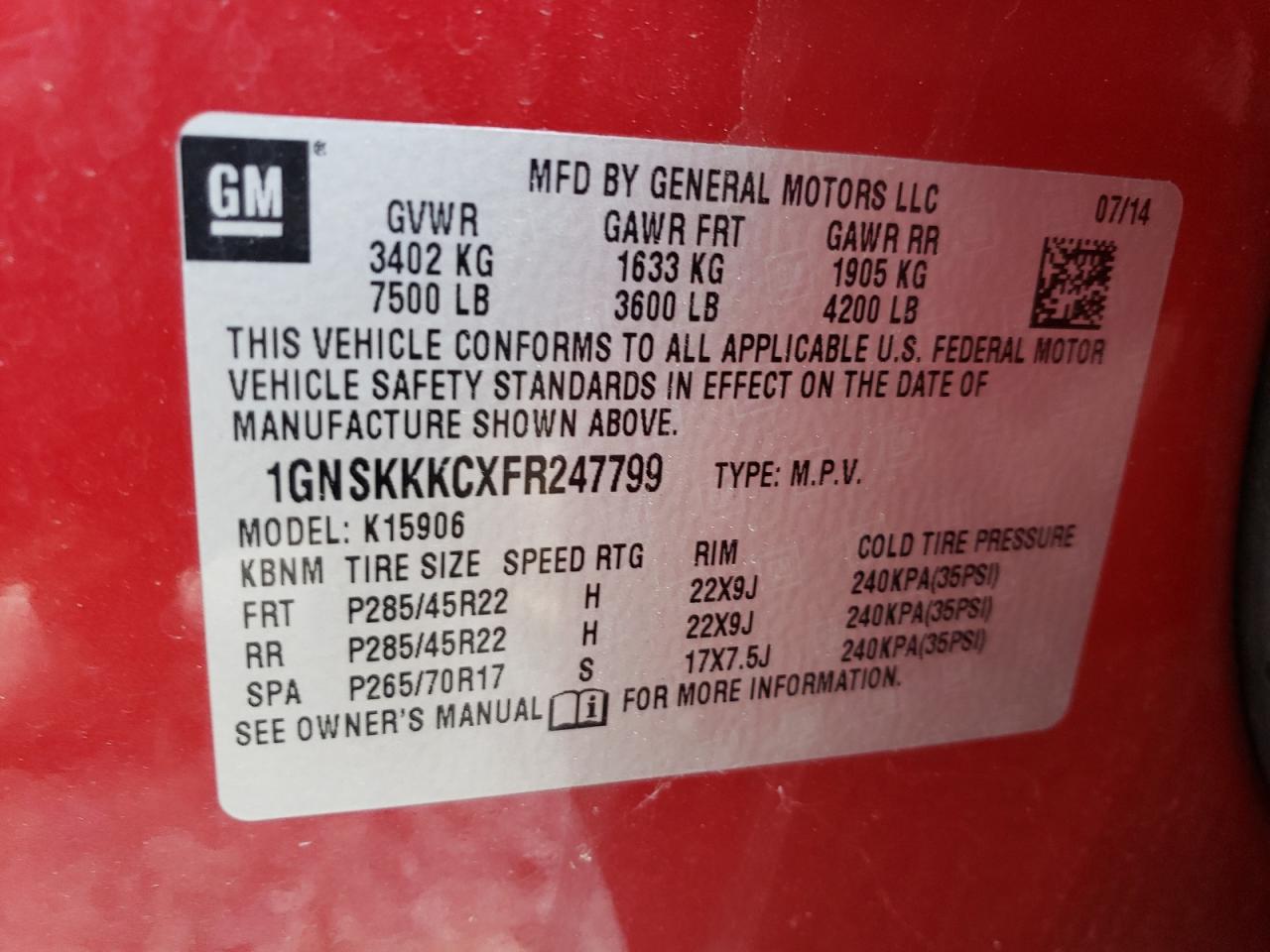 1GNSKKKCXFR247799 2015 Chevrolet Suburban K1500 Ltz