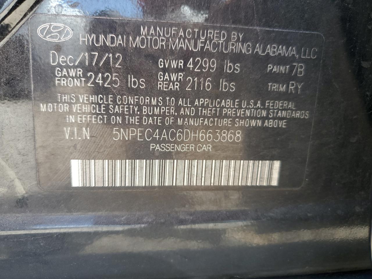 5NPEC4AC6DH663868 2013 Hyundai Sonata Se