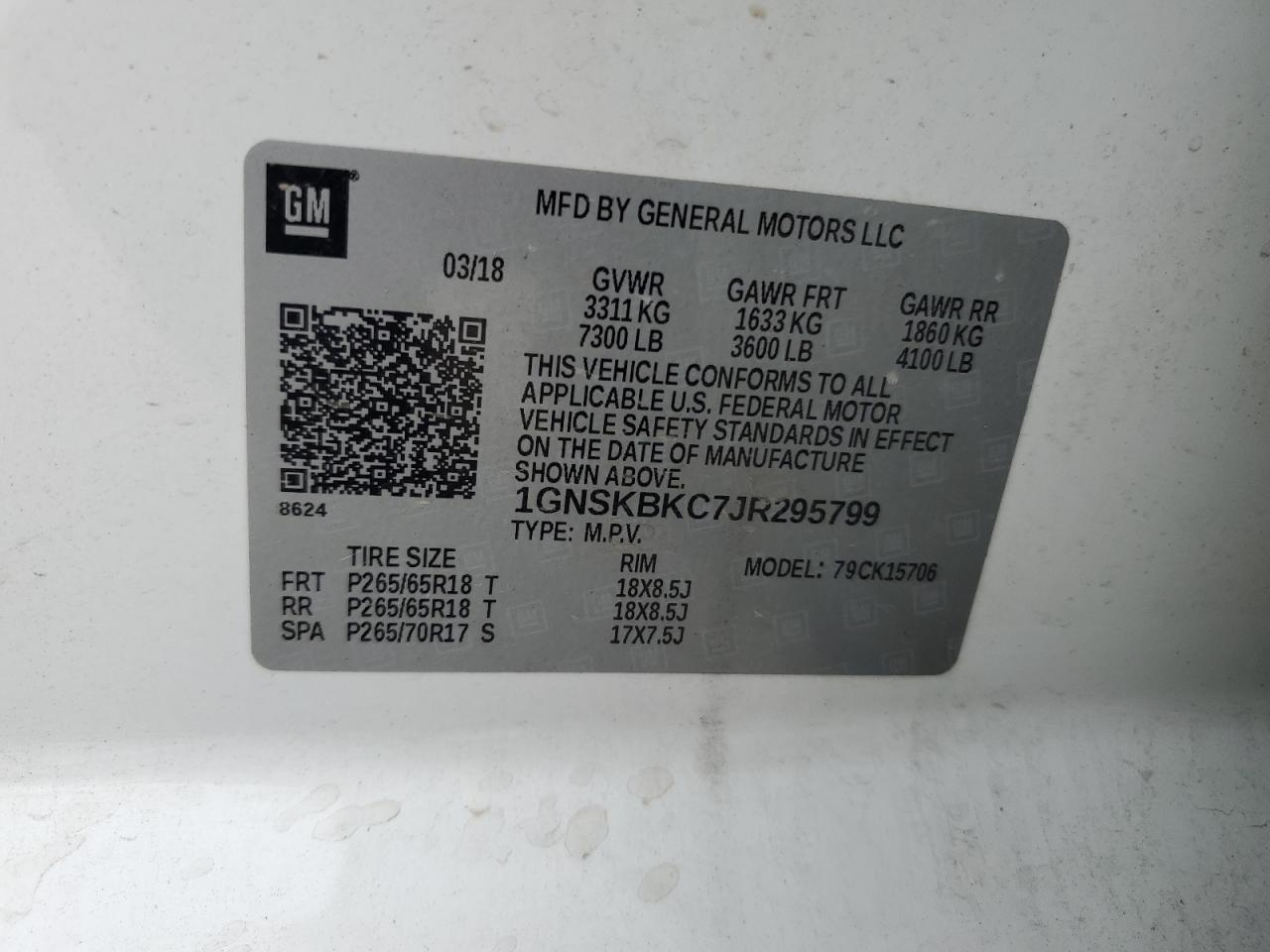 1GNSKBKC7JR295799 2018 Chevrolet Tahoe K1500 Lt