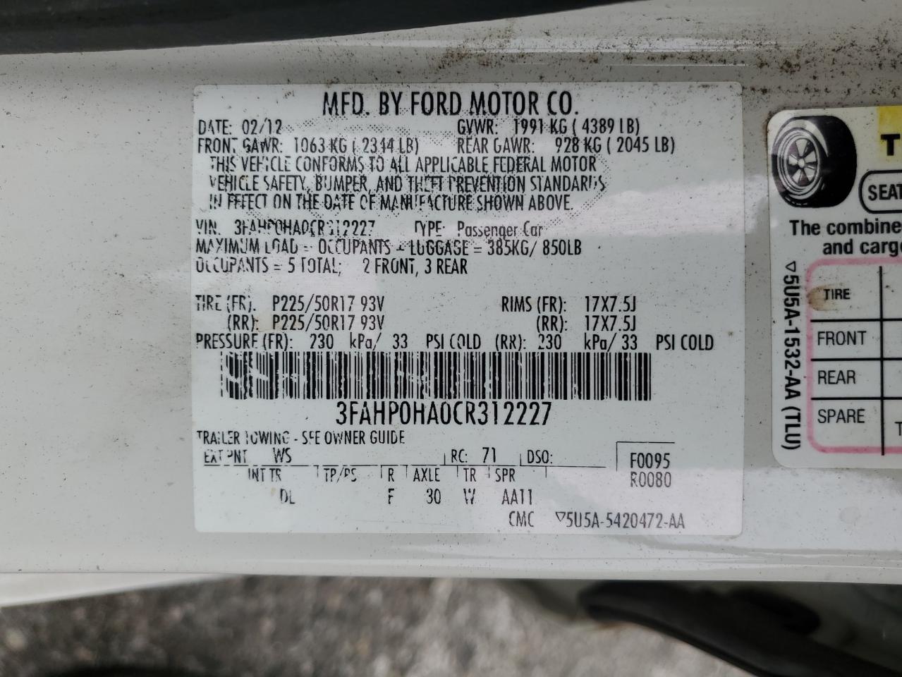 3FAHP0HA0CR312227 2012 Ford Fusion Se