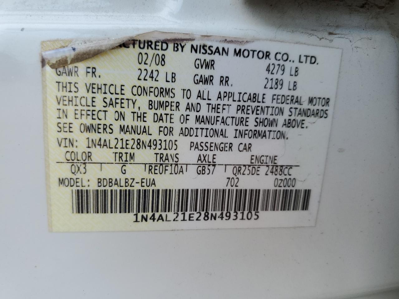 1N4AL21E28N493105 2008 Nissan Altima 2.5