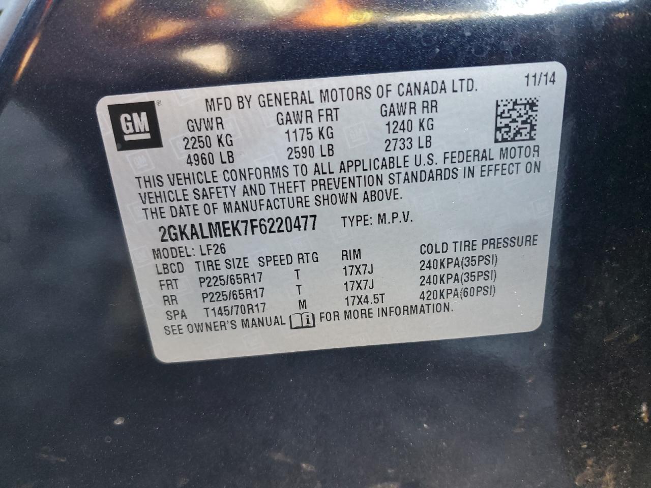 2GKALMEK7F6220477 2015 GMC Terrain Sle