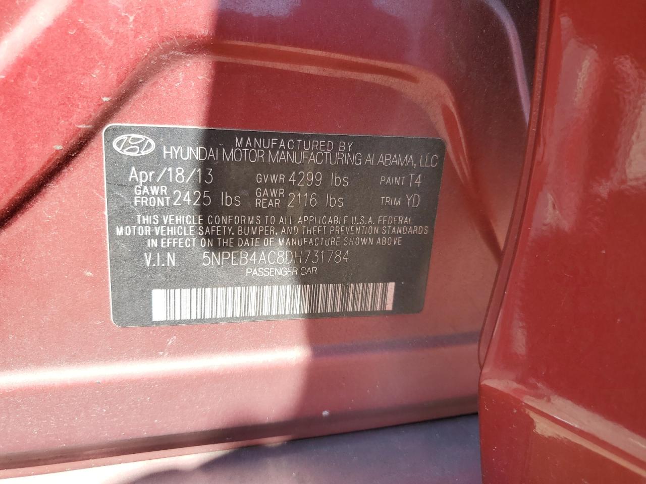 5NPEB4AC8DH731784 2013 Hyundai Sonata Gls