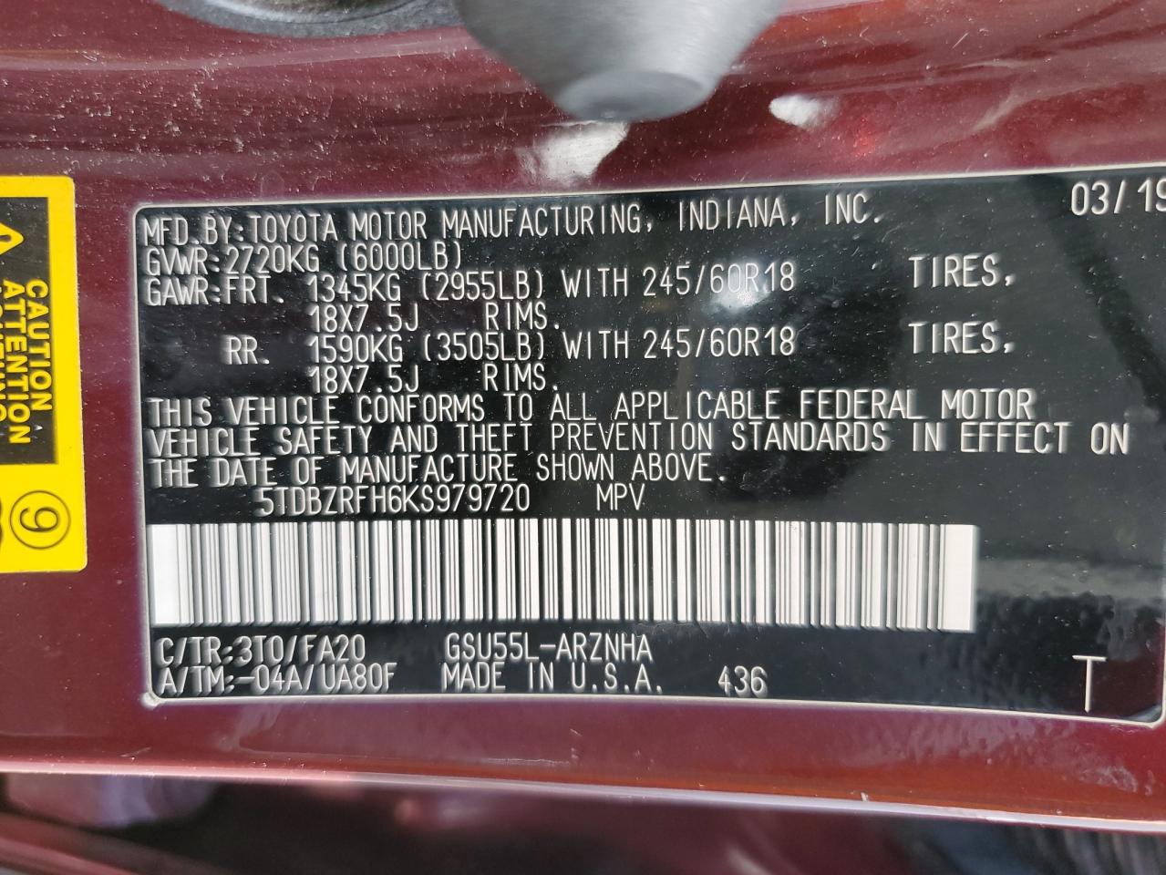 5TDBZRFH6KS979720 2019 Toyota Highlander Le