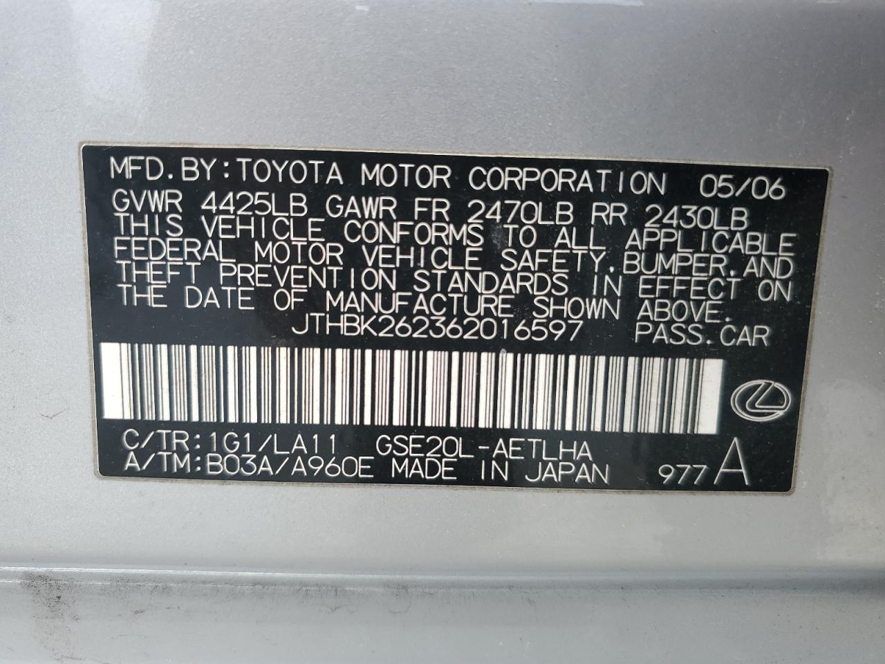 JTHBK262362016597 2006 Lexus Is 250