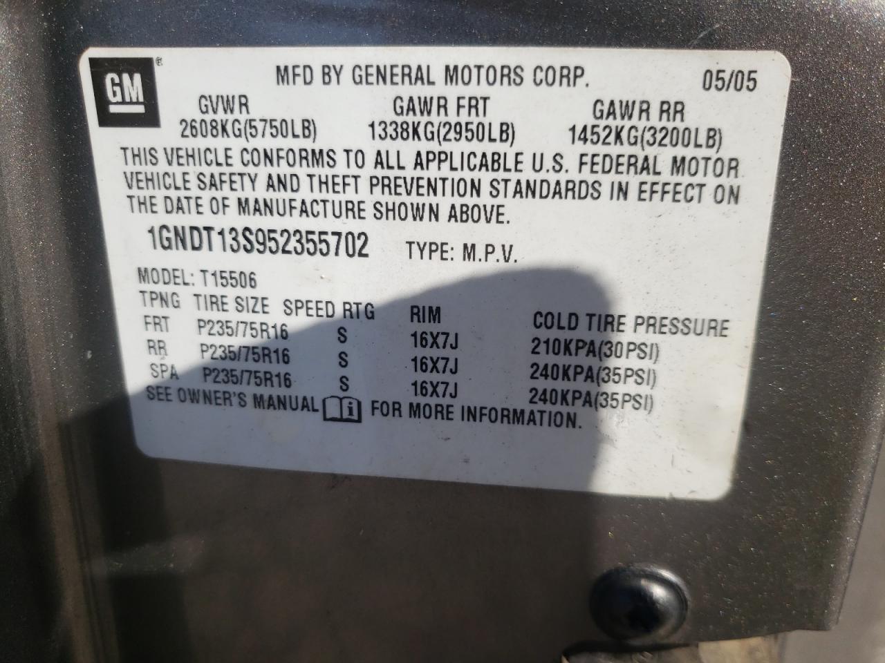 1GNDT13S952355702 2005 Chevrolet Trailblazer Ls