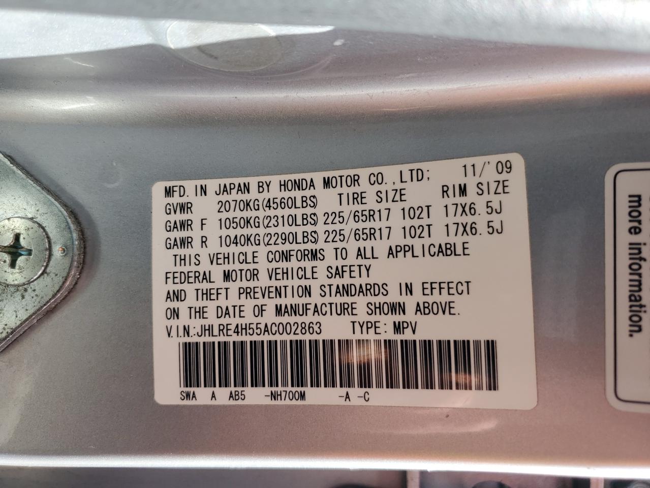 JHLRE4H55AC002863 2010 Honda Cr-V Ex