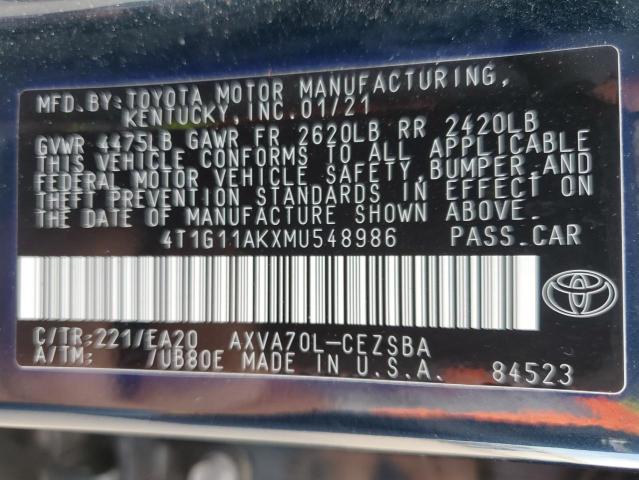 VIN 4T1G11AKXMU548986 2021 Toyota Camry, SE no.12