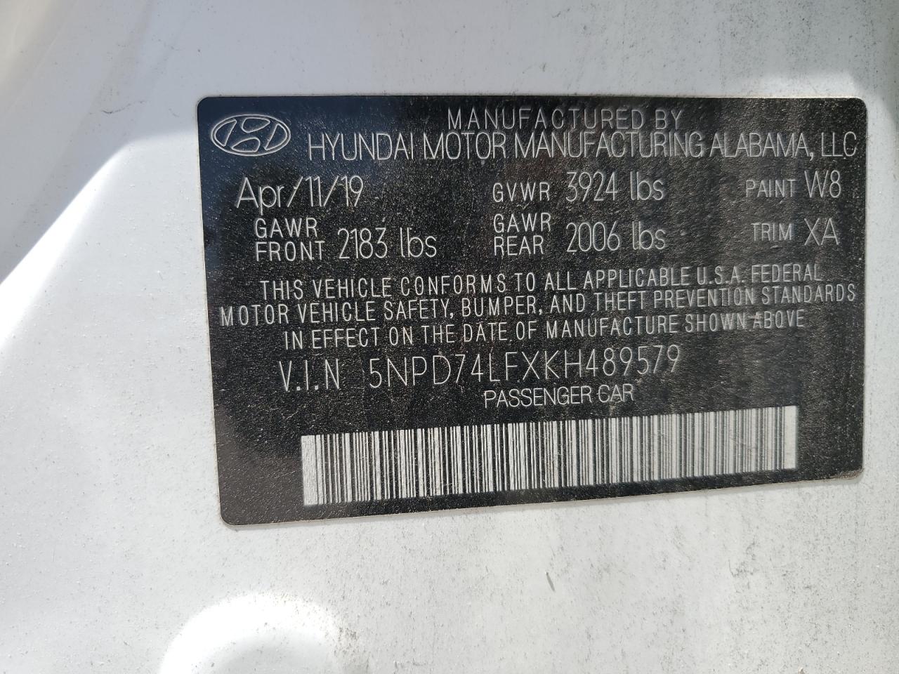 5NPD74LFXKH489579 2019 Hyundai Elantra Se