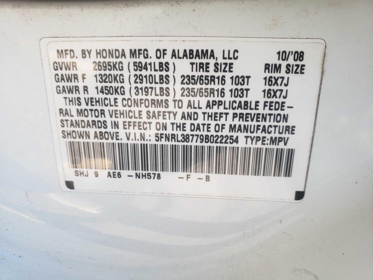 5FNRL38779B022254 2009 Honda Odyssey Exl