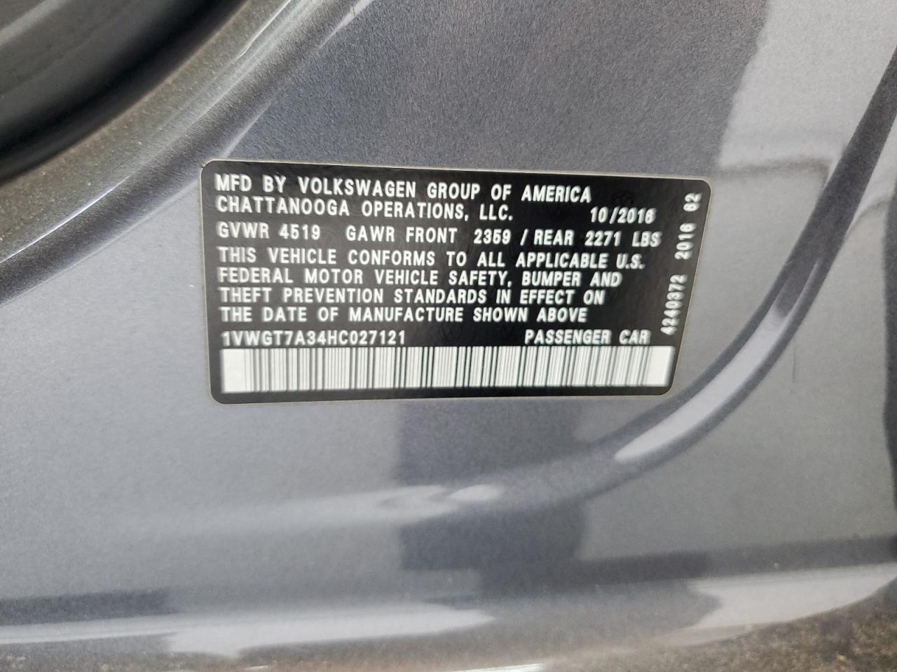 1VWGT7A34HC027121 2017 Volkswagen Passat Se