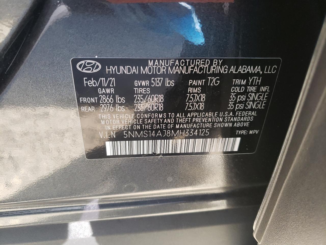 5NMS14AJ8MH334125 2021 Hyundai Santa Fe Se