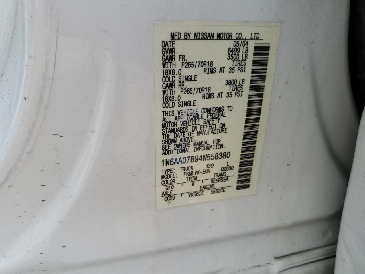 1N6AA07B94N558380 2004 Nissan Titan Xe