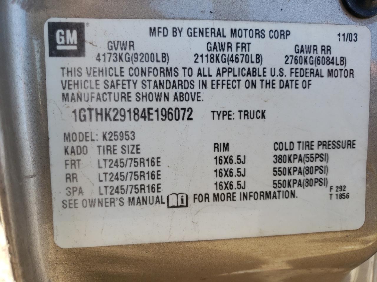 1GTHK29184E196072 2004 GMC Sierra K2500 Heavy Duty