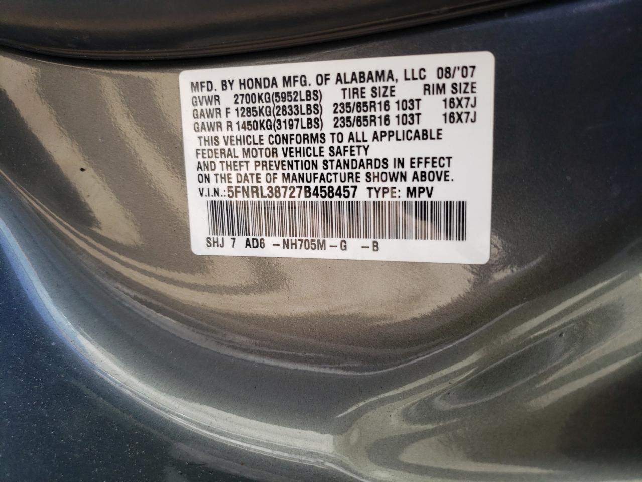 5FNRL38727B458457 2007 Honda Odyssey Exl