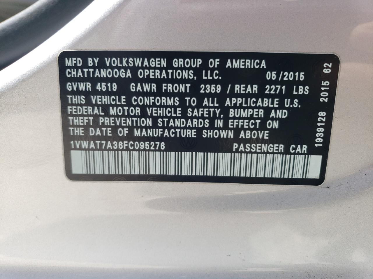 1VWAT7A36FC095276 2015 Volkswagen Passat S