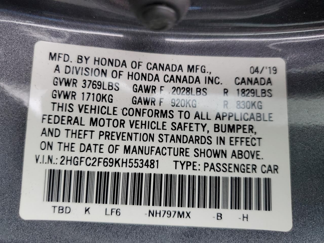 2HGFC2F69KH553481 2019 Honda Civic Lx
