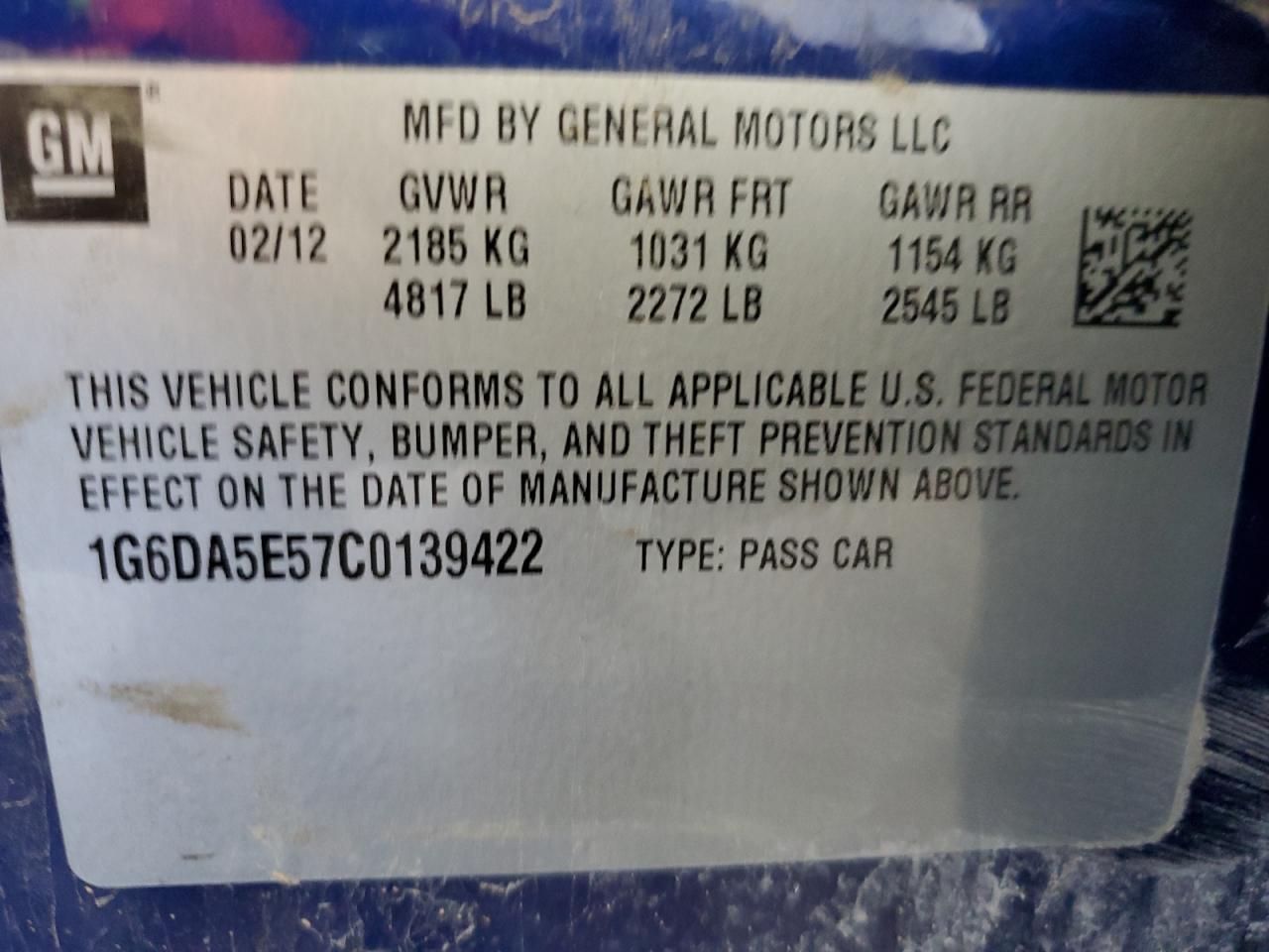 1G6DA5E57C0139422 2012 Cadillac Cts